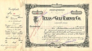 Texas and Gulf Railway Co. - Stock Certificate
